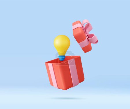 Ilustración de 3d yellow light bulb in open gift box. business idea tip concept, minimal abstract. - Imagen libre de derechos