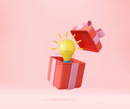 Illustration for 3d yellow light bulb in open gift box. business idea tip concept, minimal abstract. 3d rendering. Vector illustration - Royalty Free Image