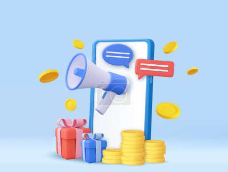 Illustration for 3d mobile phone, megaphone, gift box and coin. Refer A Friend Concept, People share info about referral and earn money. 3d rendering. Vector illustration - Royalty Free Image