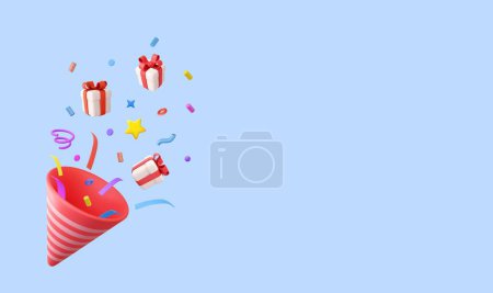 Illustration for 3D Party popper with explosion confetti and gift boxes. Birthday surprise. Firecracker with serpentine. Holiday and event celebration. 3d rendering. Vector illustration - Royalty Free Image