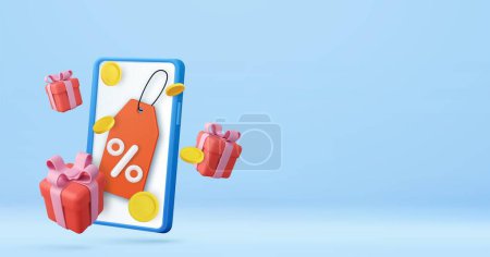 Téléchargez les illustrations : 3d discount label price off tag on mobile phone and flying gifts and coin. Shopping Discount offer icon, symbol. Price tag, gift tag, For profitable purchases. 3d rendering. Vector illustration - en licence libre de droit