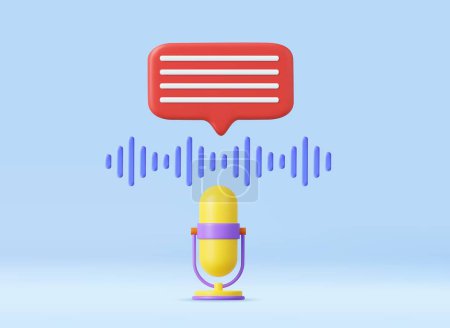 Illustration for 3d Voice messages concept. microphone, audio wave and chat bubble. Podcast microphone on stand, audio equipment icon. 3d rendering. Vector illustration - Royalty Free Image