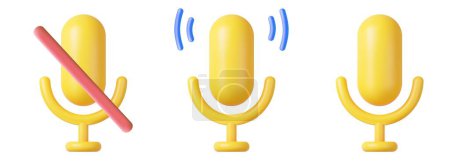 Téléchargez les illustrations : 3d Podcast microphone on stand, audio equipment icon. Professional equipment for audio broadcasts and interviews. Turn on, turn off. 3d rendering. Vector illustration - en licence libre de droit