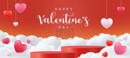 Illustration for 3d Valentines day background with product display and Heart Shaped Balloons. 3D heart on cloud background. Love concept for happy mother s day, valentine s day, birthday day. Vector illustration - Royalty Free Image
