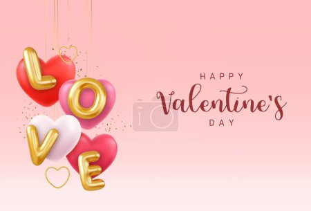 Illustration for 3d Happy Valentines Day banner with red heart balloons, gold metal shapes on pink background. Gift card, love party, invitation voucher design. 3d rendering. Vector illustration - Royalty Free Image