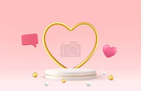 Téléchargez les illustrations : 3d Empty pink product podium scene with gold heart and speech bubble. Design concept for Happy Valentines Day. 3d rendering. Vector illustration - en licence libre de droit