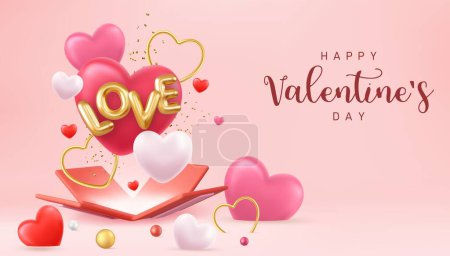 Téléchargez les illustrations : 3d open present box with confetti and heart shape balloons around. Suitable for Valentine's Day and Mother's Day. 3d rendering. Vector illustration - en licence libre de droit
