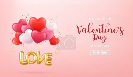 Photo pour 3d Happy Valentine's Day banner or background with heart balloon, confetti party. Romantic greeting card design with lovely elements. Promotion, special discount. 3d rendering. Vector illustration - image libre de droit