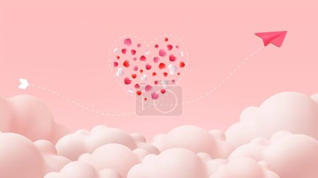 Ilustración de Tarjeta de felicitación día de San Valentín 3d y concepto de amor. Los aviones rojos que vuelan parecen en forma de corazón en las nubes. renderizado 3d. Ilustración vectorial - Imagen libre de derechos