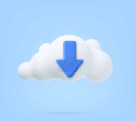 Illustration for 3d Cloud Computing Symbol. White fluffy cloud with download icon. 3d rendering. Vector illustration - Royalty Free Image