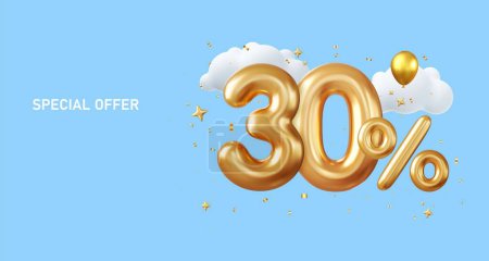 Illustration for 3d 30 percent off discount promotion sale made of realistic Gold helium balloons. Sale banner and poster. 3d rendering. Vector illustration - Royalty Free Image