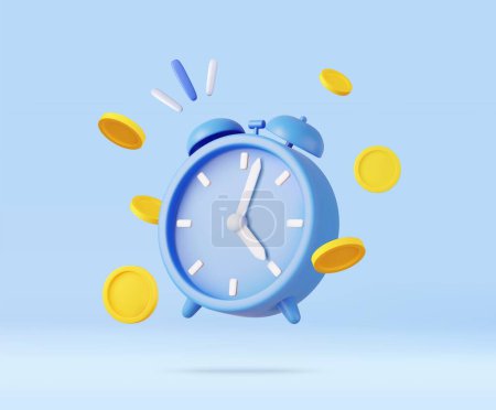 Reloj despertador 3D y monedas. El tiempo es concepto de dinero. Inversiones empresariales, ganancias y ahorros financieros, gestión presupuestaria, cuenta de ahorros. Dinero rápido. Representación 3D. Ilustración vectorial