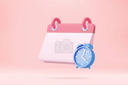 Illustration for 3d calendar icon for reminder day in blue background. Calendar with clock 3d for date time appointment, event day, holiday planning. 3d rendering. Vector illustration - Royalty Free Image