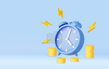 Illustration for 3d Alarm clock ringing and coins stack. Time to pay concept. Bundle of cash. Money-saving, cashless society concept. 3d render. Vector illustration - Royalty Free Image