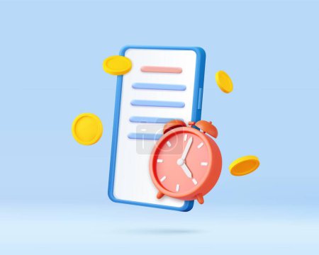 Illustration for 3d alarm clock with investing money to grow in mobile phone. Business earnings pay and financial savings. 3d rendering. Vector illustration - Royalty Free Image