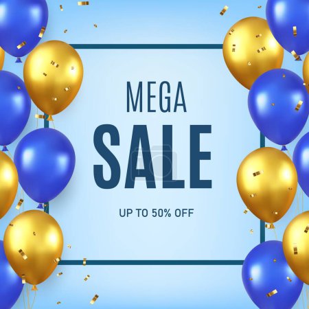 Illustration for 3d mega sale text, special offer blue banner celebrate background with gold foil and blue air balloons. design for shop and sale banners, grand opening, party flyer. 3d rendering. Vector illustration - Royalty Free Image
