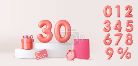 Ilustración de 3D rosa Números de descuento en el podio con bolsa de compras y caja de regalo. renderizado 3d. Ilustración vectorial - Imagen libre de derechos