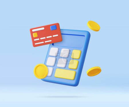 Illustration for 3D Calculator with floating coin and credit card. Budget management concept. Financial calculation of money. Tax time. 3d rendering. Vector illustration - Royalty Free Image