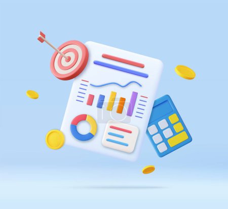 Illustration for 3d Calculator, bar chart, shooting target with floating coin. Concept of personal financial goal achievement, budget planning. 3d rendering. Vector illustration - Royalty Free Image