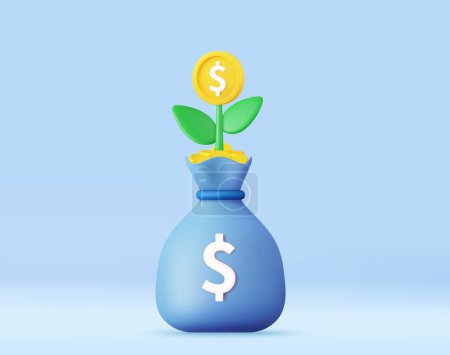 Illustration for 3d Money tree plant with bag money. business profit investment, finance education, savings concept. 3d rendering. Vector illustration - Royalty Free Image