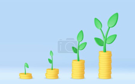 Ilustración de 3d pilas de monedas gráfico de crecimiento con árboles. Ahorrar dinero concepto. financiación del desarrollo sostenible, dinero de almacenamiento, inversión empresarial, crecimiento económico. renderizado 3d. Ilustración vectorial - Imagen libre de derechos