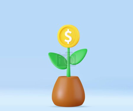Illustration for 3d money tree plant with coin in pot. Saving money concept. Business profit investment, finance education, earning income, business development concept. 3d rendering. Vector illustration - Royalty Free Image