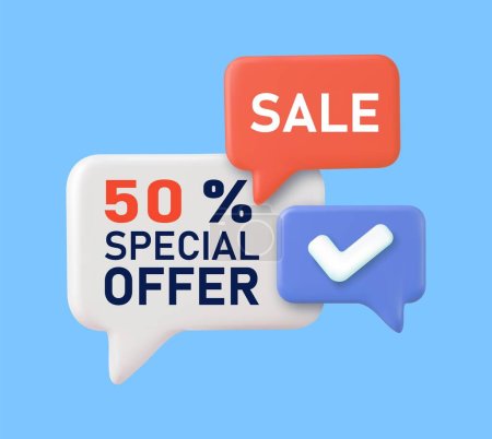 Illustration for 3d Discount banner shape tags. Special offer speech bubbles. Sale coupon price tag icon. Sale price sticker message. 3d rendering. Vector illustration - Royalty Free Image