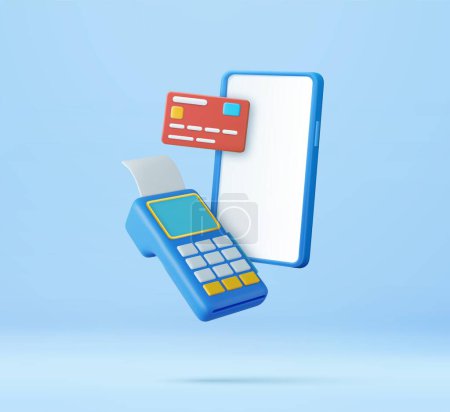 Téléchargez les illustrations : Paiement mobile 3d avec terminal Pos, reçu et carte de crédit. achats en ligne, transactions en ligne, concept de paiement en ligne. Rendement 3D. Illustration vectorielle - en licence libre de droit