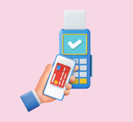 Illustration for 3d Mobil payment concept. Human hand holds mobile phone, New POS terminal and hight technology smartphone with nfc Near. 3d rendering. Vector illustration - Royalty Free Image