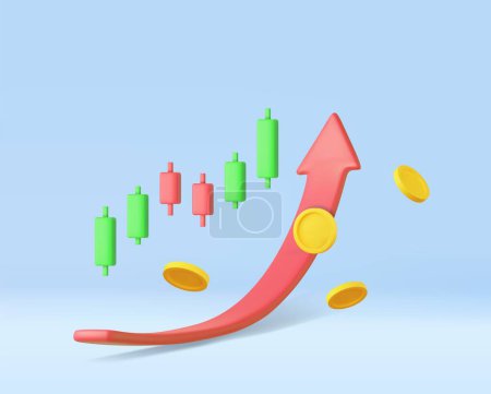 Illustration for 3d Growth stock diagram financial graph. candlestick with arrow up Trading stock or forex. Investment management with money coin and graph concept. 3d rendering. Vector illustration - Royalty Free Image