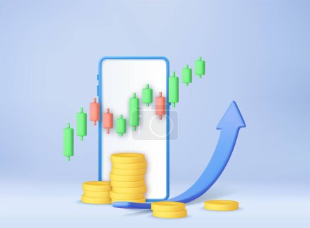 Illustration for 3D mobile phone funding business graph with arrow and coins. Investment saving, arrow with trade online payment. 3d rendering. Vector illustration - Royalty Free Image
