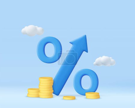 Illustration for 3D blue arrow percent with stack coin. Bank credit concept. Interest rate. Financial saving rising. Money inflation and tax. 3d rendering. Vector illustration - Royalty Free Image
