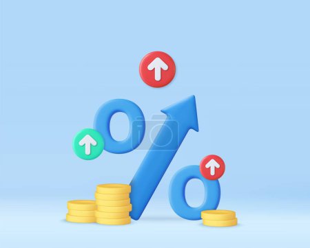Illustration for 3D blue arrow percent with stack coin. Bank credit concept. Interest rate. Financial saving rising. Money inflation and tax. 3d rendering. Vector illustration - Royalty Free Image