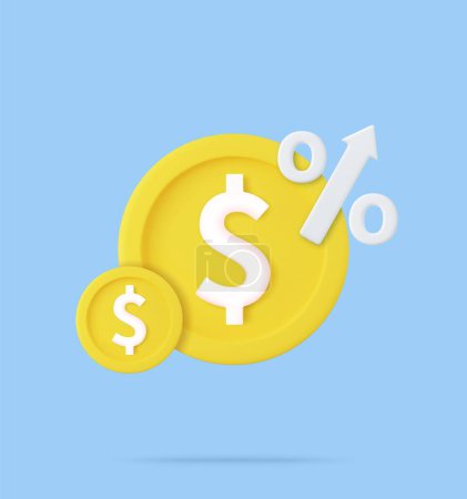 Illustration for 3D Dollar coins and increasing arrow. Interest rate hike. Business and finance. Financial success and growth concept. 3d rendering. Vector illustration - Royalty Free Image