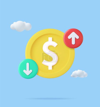 Illustration for 3d Cost of dollar with arrow down and up. Coin of dollar with loss or growth. 3d rendering. Vector illustration - Royalty Free Image