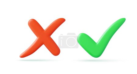 Illustration for Green tick check mark and cross mark symbols icon element, Simple ok yes no graphic design, right checkmark symbol accepted and rejected, 3D rendering. Vector illustration - Royalty Free Image