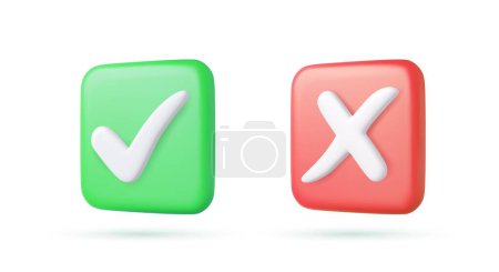Illustration for Green tick check mark and cross mark symbols icon element in square, Simple ok yes no graphic design, right checkmark symbol accepted and rejected, 3D rendering. Vector illustration - Royalty Free Image