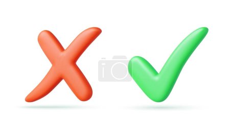 Illustration for Green tick check mark and cross mark symbols icon element, Simple ok yes no graphic design, right checkmark symbol accepted and rejected, 3D rendering. Vector illustration - Royalty Free Image