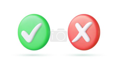 Illustration for Green tick check mark and cross mark symbols icon element in square, Simple ok yes no graphic design, right checkmark symbol accepted and rejected, 3D rendering. Vector illustration - Royalty Free Image