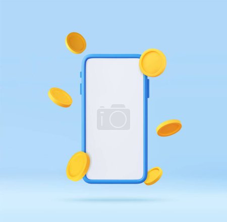Illustration for 3d Phone with a white screen around which gold coins fly, online shopping. Winner concept. Mobile Online Payment and Transfer. Finance, Investment, Money Saving. 3d rendering. Vector illustration - Royalty Free Image