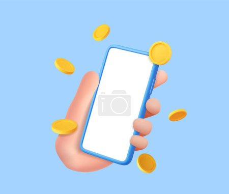 Illustration for 3d Hand of businessman holding mock up smartphone surrounded by golden coin, online shopping. Mobile Online Payment and Transfer. Finance, Investment, Money Saving. 3d rendering. Vector illustration - Royalty Free Image