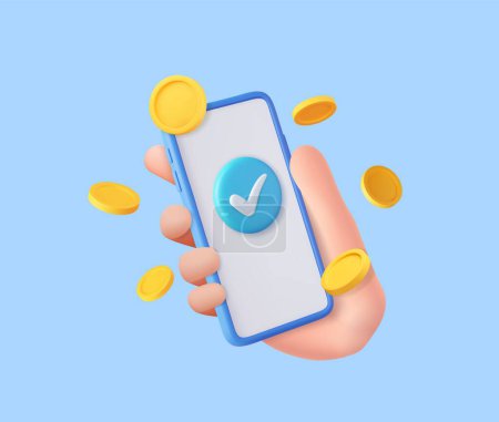 3d Hand of businessman holding mobile phone, check mark and golden coins. Mobile Online Payment and Transfer. Finance, Investment, Money Saving. 3d rendering. Vector illustration