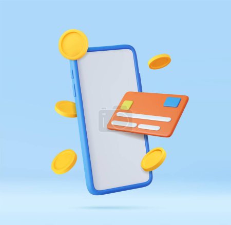 Illustration for 3D mobile phone with credit card and money financial security for online shopping. online payment secure with credit card, money coin payment icon concept. 3D rendering. Vector illustration - Royalty Free Image