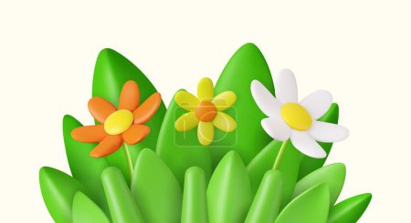Illustration for 3d realistic daisies, grass and leaves. Happy Mother s Day, Valentine Day concept. Spring decoration. 3d rendering. Vector illustration - Royalty Free Image