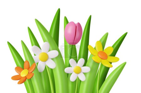 3D realistische Gänseblümchen, Tulpen, Gras und Blätter. Happy Mother s Day, Valentinstag Konzept. Frühlingsdekoration. 3D-Darstellung. Vektorillustration