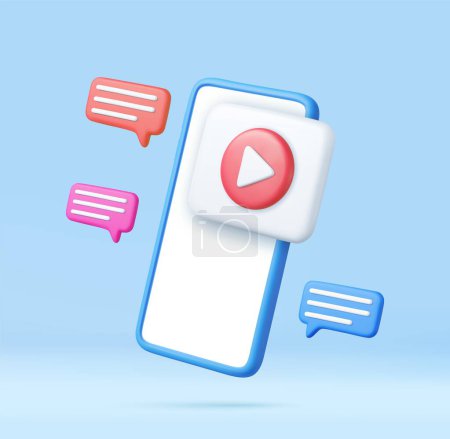 Illustration for 3d Mobile icon playing video, wireless media connection. social media with live streaming on mobile phone. 3d rendering. Vector illustration - Royalty Free Image