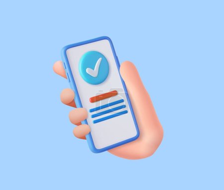 Illustration for 3D Hand holding mobile phone with check mark. 3d check list button best choice for right, success, tick, accept, approve, agree on application. 3d rendering. Vector illustration. - Royalty Free Image
