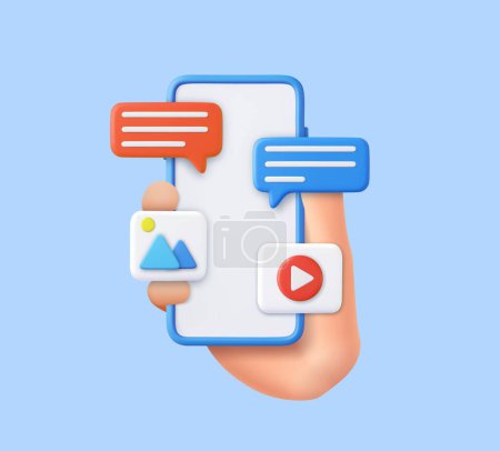 Illustration for 3D Hand holding mobile phone with speech bubble icon with video and photo gallery. Online social communication applications concept. 3d rendering. Vector illustration - Royalty Free Image