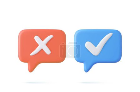 Illustration for 3d Speech Bubble Icons with Check Mark. Check and cross symbols. Speech bubble with decline,remove sign and approve, accepted, confirmed sign. 3d rendering. Vector illustration - Royalty Free Image