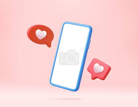 Ilustración de Icono 3D con corazón y Smartphone. concepto de redes sociales en línea, comunicación social en línea. diseño de la decoración de la boda del día de San Valentín y el tema del matrimonio. Representación 3D. Ilustración vectorial - Imagen libre de derechos
